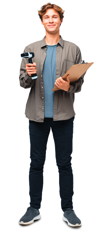 Junger Mann mit Scanner und Klemmbrett in der Hand