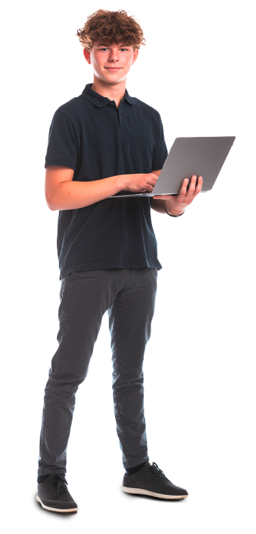 junger Mann im schwarzen T-Shirt mit einem Laptop in der Hand