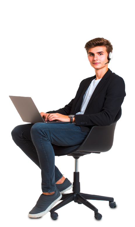 junger Mann sitzt lässig mit Laptop am Schoß in einem Bürostuhl