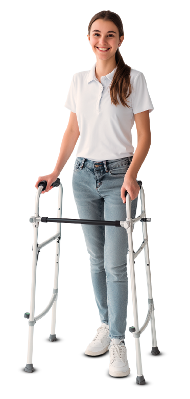 Junge Frau mit Gehhilfe