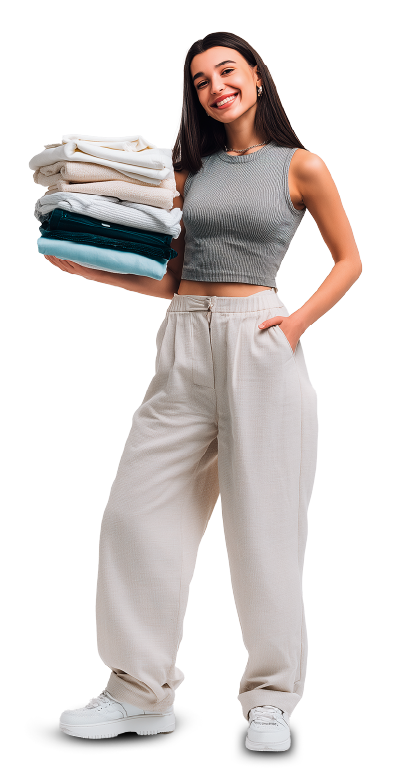 junge Frau mit Kleiderstapel in der Hand lässig posierend