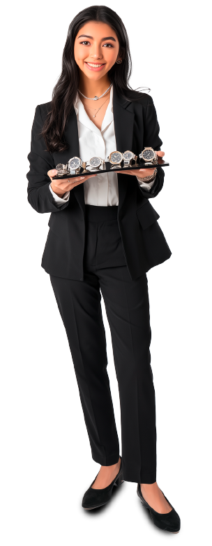 junge Frau in schwarzen Blazer und Hose mit Uhren-Tablet in der Hand